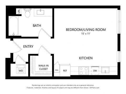 Floor plan for studio, 1 bath, 509 sqft